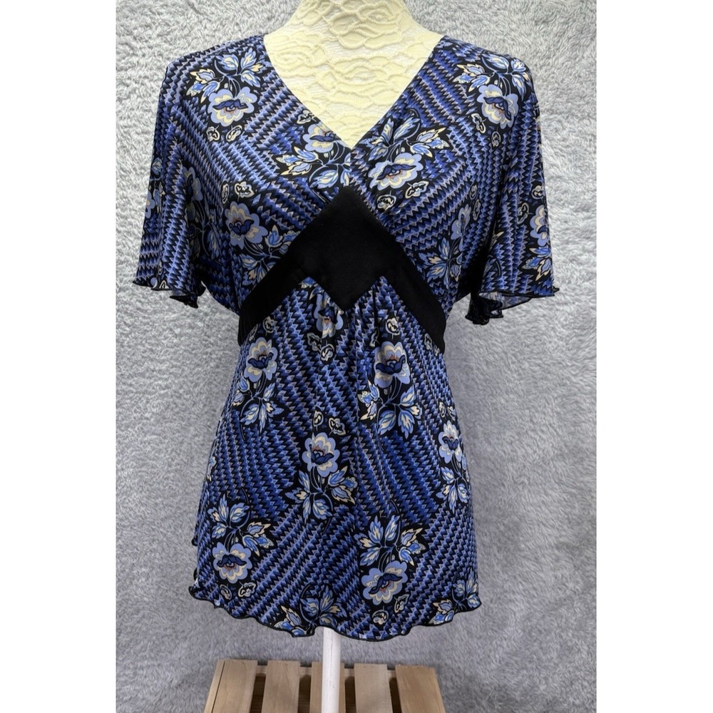 Rikki J. New York Women XL Blue Floral Geometric Empire Waist Tie Back Tunic Top
